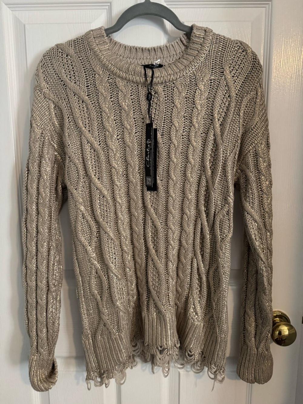CHARLIE B Metallic Gold Cable Knit Sweater